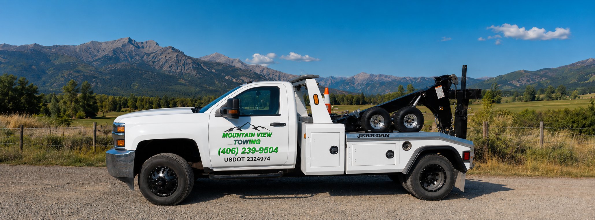 Mountain View Towing flatbed tow truck en route to Missoula, Montana