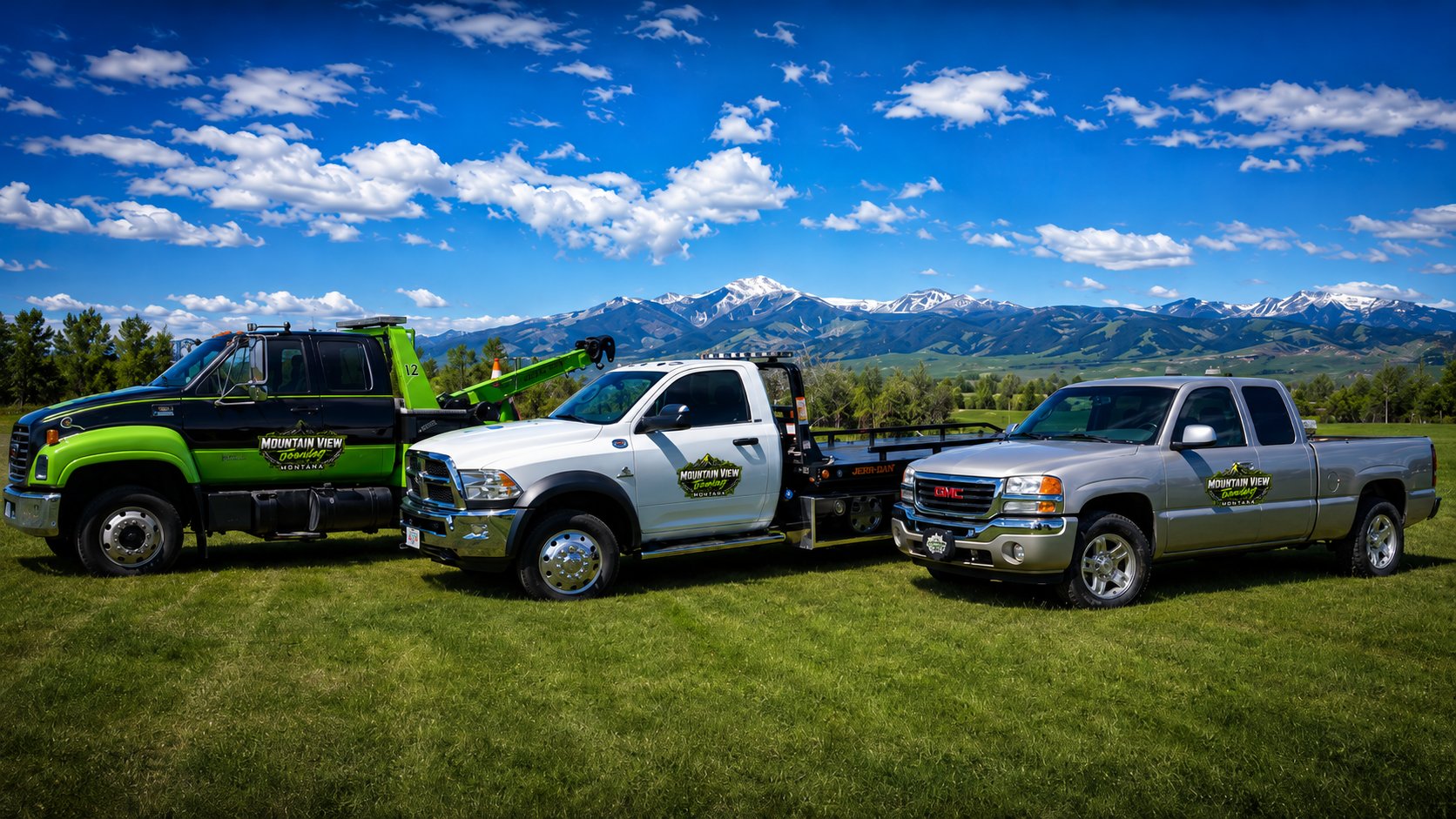 Mountain View Towing fleet of tow trucks staged with Montana mountains near Butte